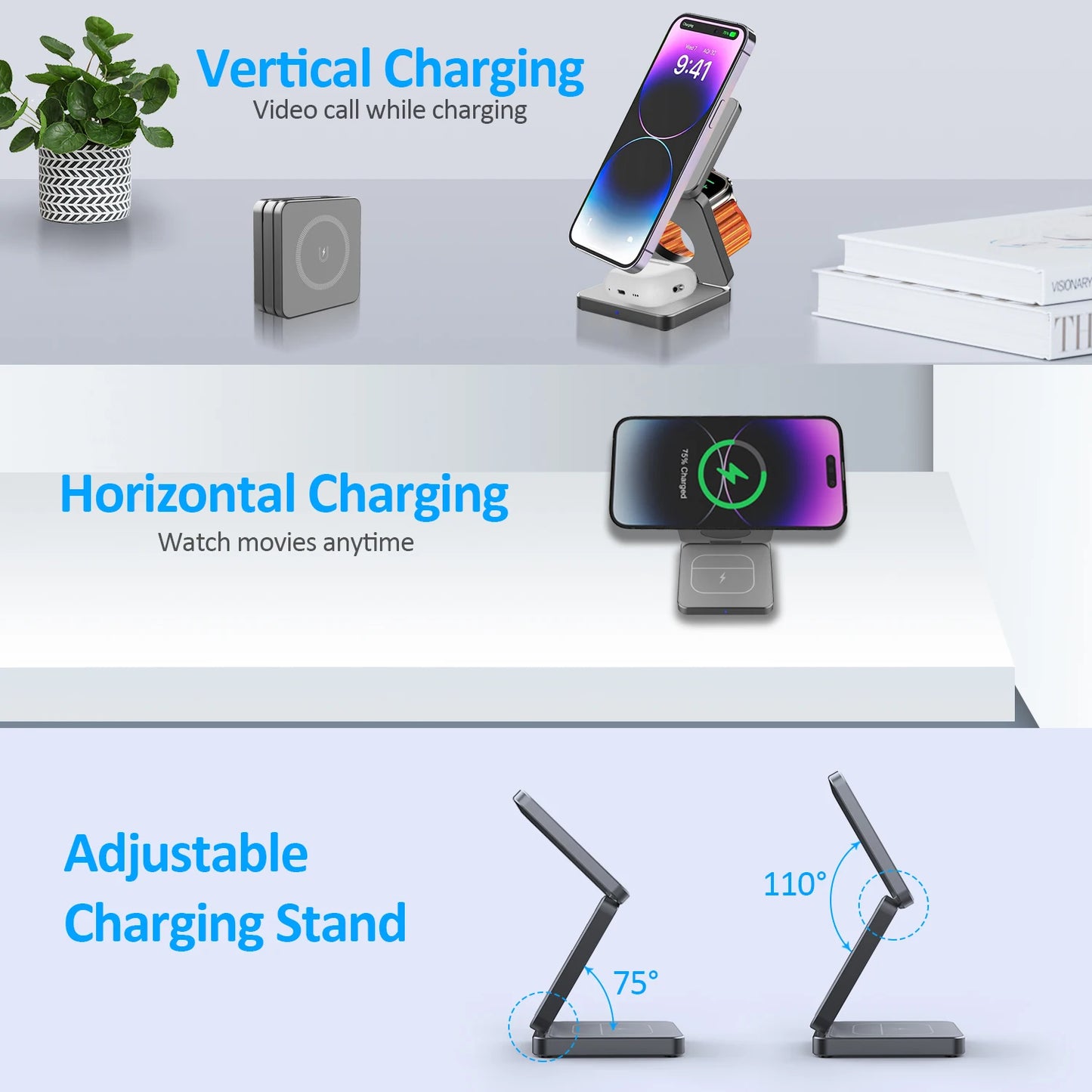 15W 3 in 1 Magnetic Wireless Charger Foldable Phone Charger Holder for iPhone 15 14 13 12 Samsung S23 S22 AirPods 3 Pro iWatch 8