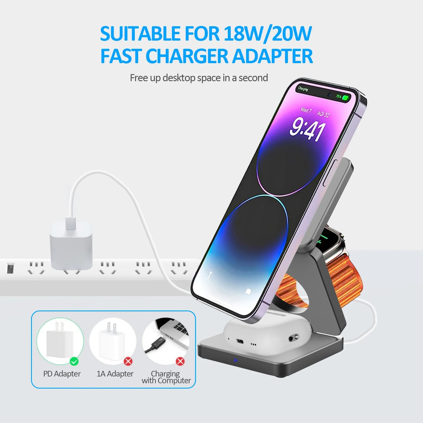 15W 3 in 1 Magnetic Wireless Charger Foldable Phone Charger Holder for iPhone 15 14 13 12 Samsung S23 S22 AirPods 3 Pro iWatch 8