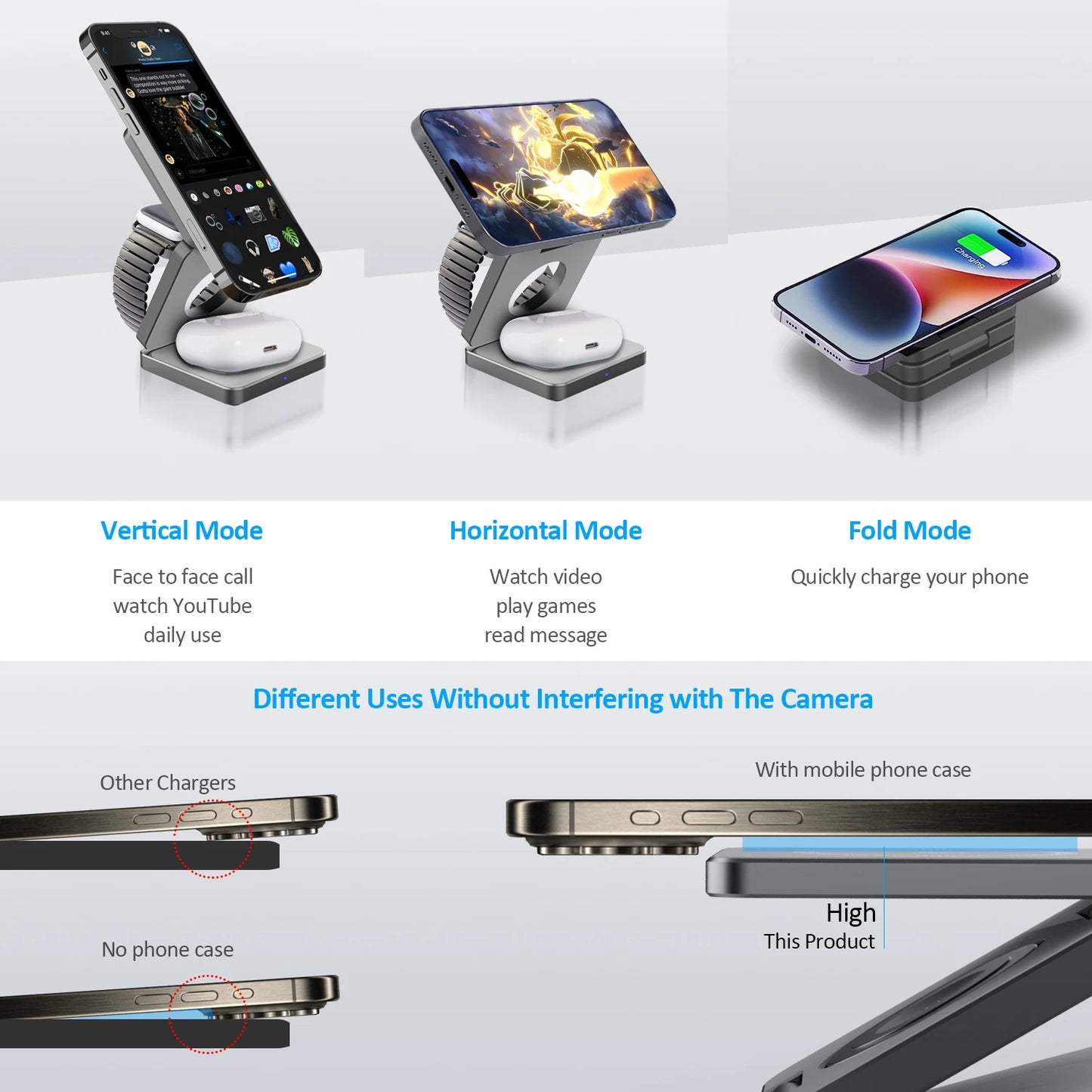 15W 3 in 1 Magnetic Wireless Charger Foldable Phone Charger Holder for iPhone 15 14 13 12 Samsung S23 S22 AirPods 3 Pro iWatch 8