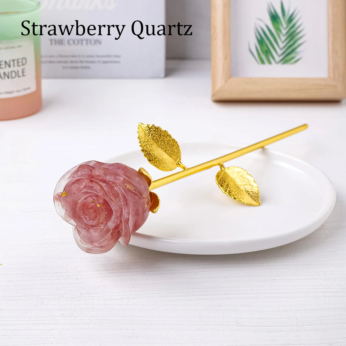 1PC Natural Crystal Crafts Rose Quartz Flowers Statue Healing Gemstone Valentines Day Gold Rod Rose Flower for Wedding Gifts