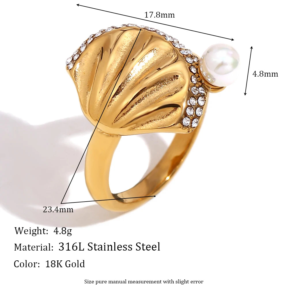 E.B.belle Scallop Pearl Luxurious Elegant Fashion Asymmetric Large and Small Flower White Heart Opening Snake Ring