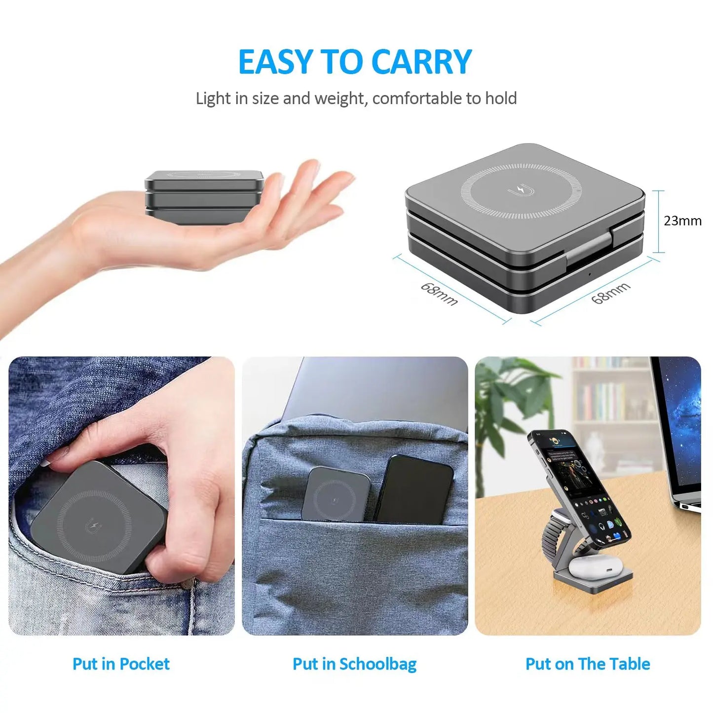 15W 3 in 1 Magnetic Wireless Charger Foldable Phone Charger Holder for iPhone 15 14 13 12 Samsung S23 S22 AirPods 3 Pro iWatch 8